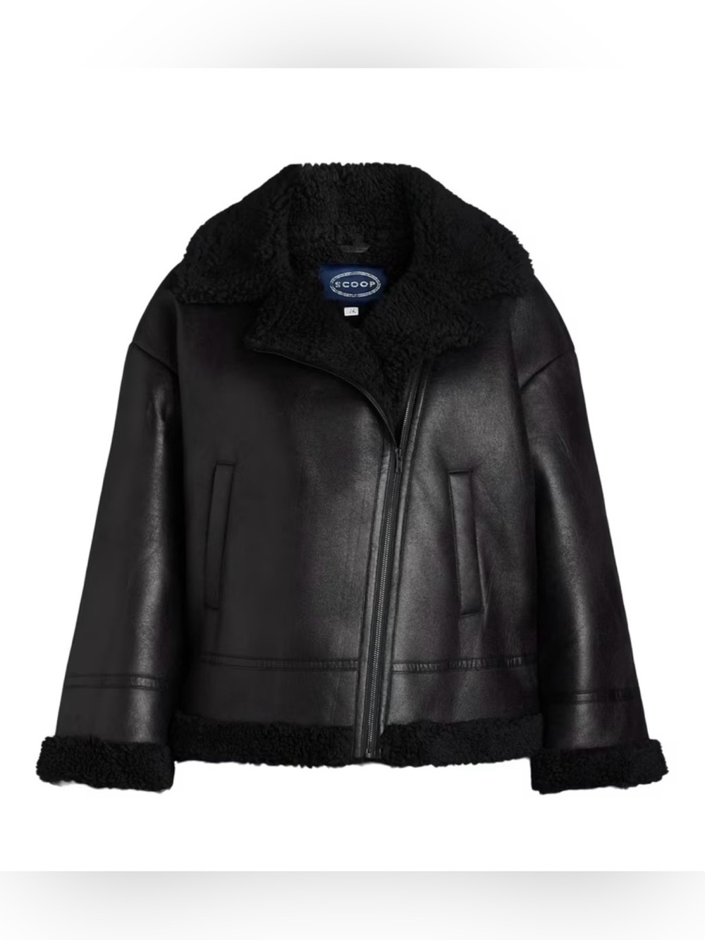 Scoop Black Shearling Lined Aviator Coat Faux Fur Moto Winter